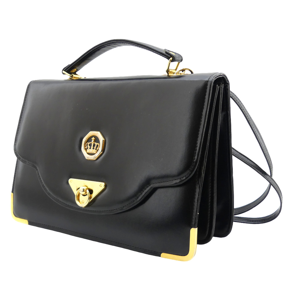 Vintage Crown Emblem Black Faux Leather Handbag Top Handle Shoulder Strap Purse